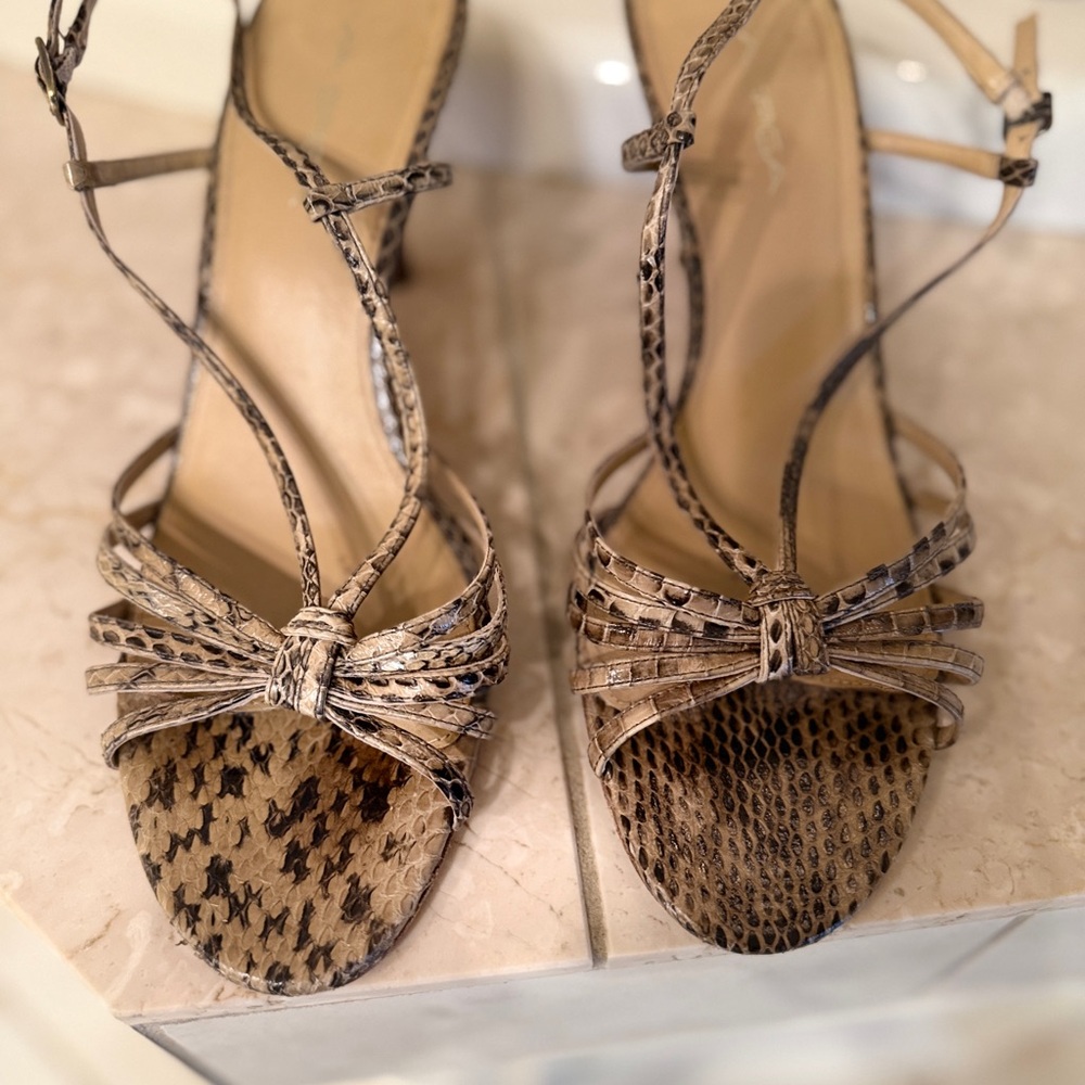 Via Spiga Beige Snake-Print Strappy Heels